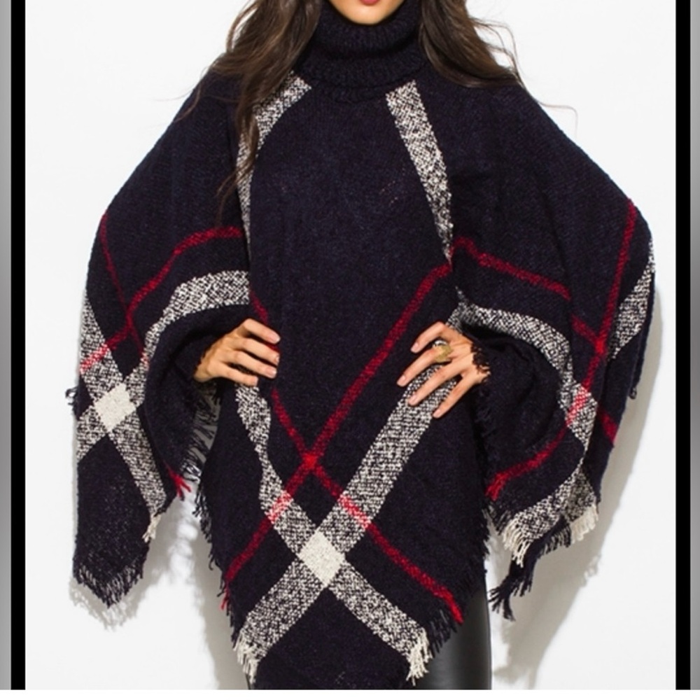 Women’s blue plaid poncho one size fits all
